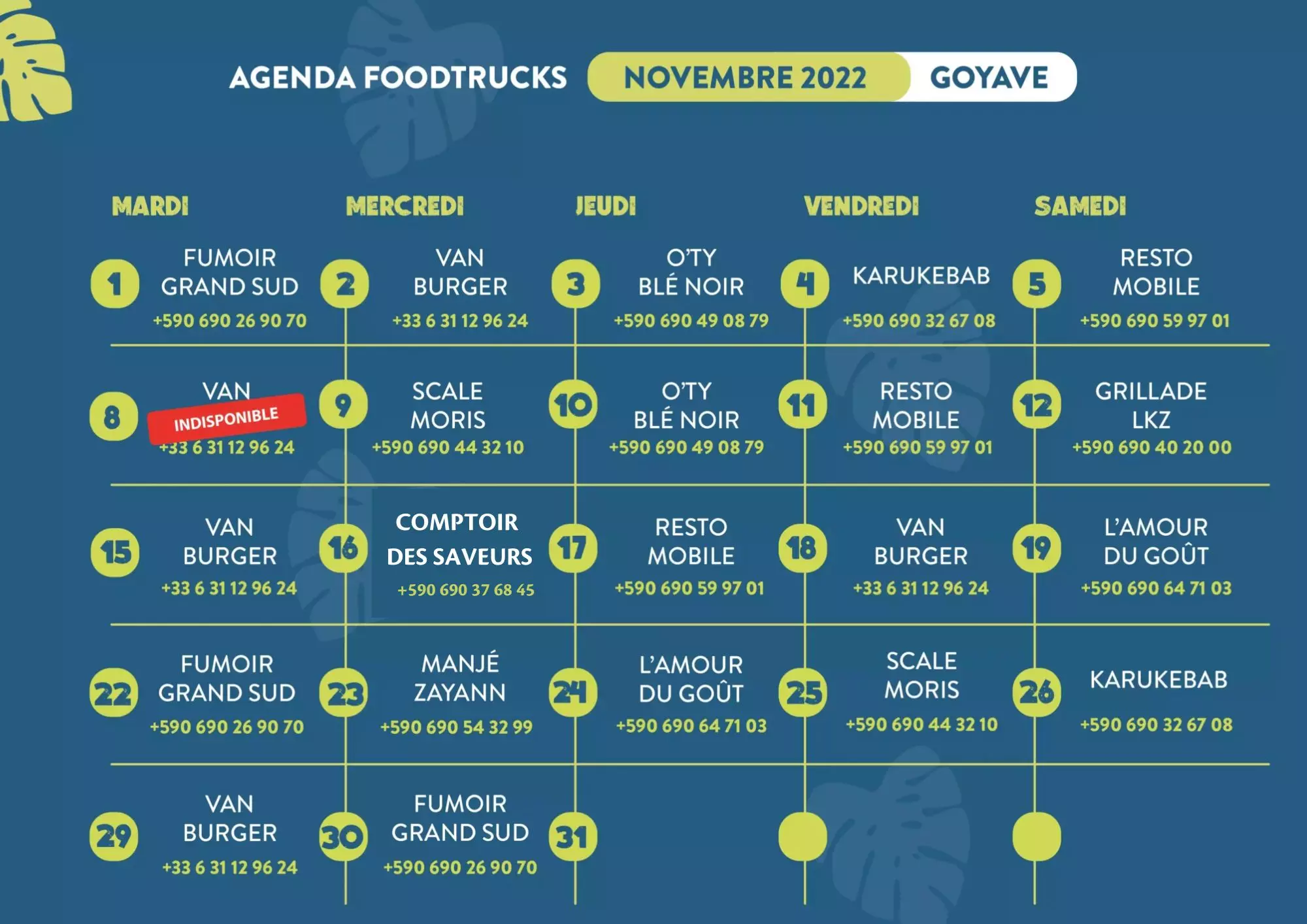 calendrier foodtruck goyave Planning des foodtrucks - Goyave